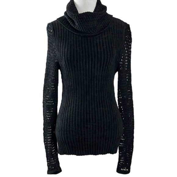 Escada Ribbed Fishnet Sleeves Turtleneck Sweater in Black Size 36 Small Euro - Picture 1 of 10